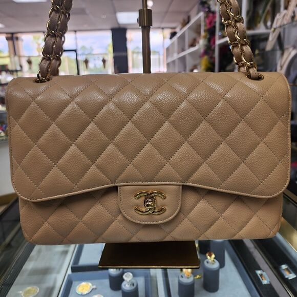 NWTS!AUTHENTIC Chanel Double Flap Beige Caviar Quilted Gold Purse/Shoulder Bag - Picture 6 of 9